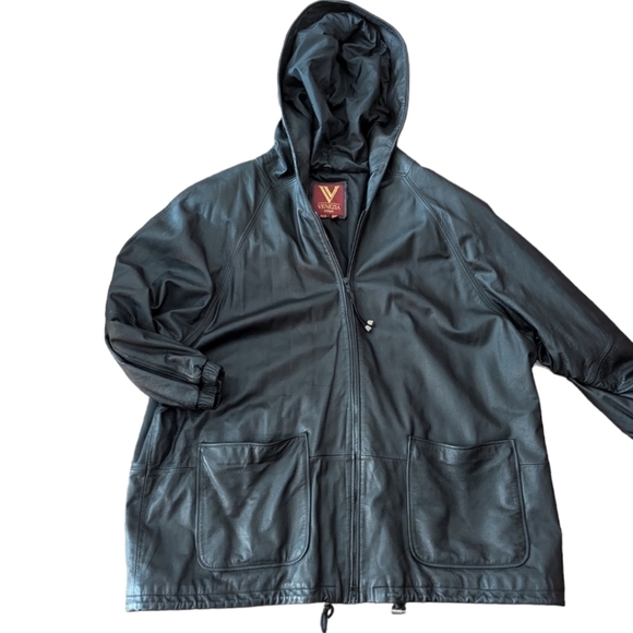 Leather Coat Vtg Venezia long black hooded leather zip front jacket  coat sz 26 - Picture 3 of 10